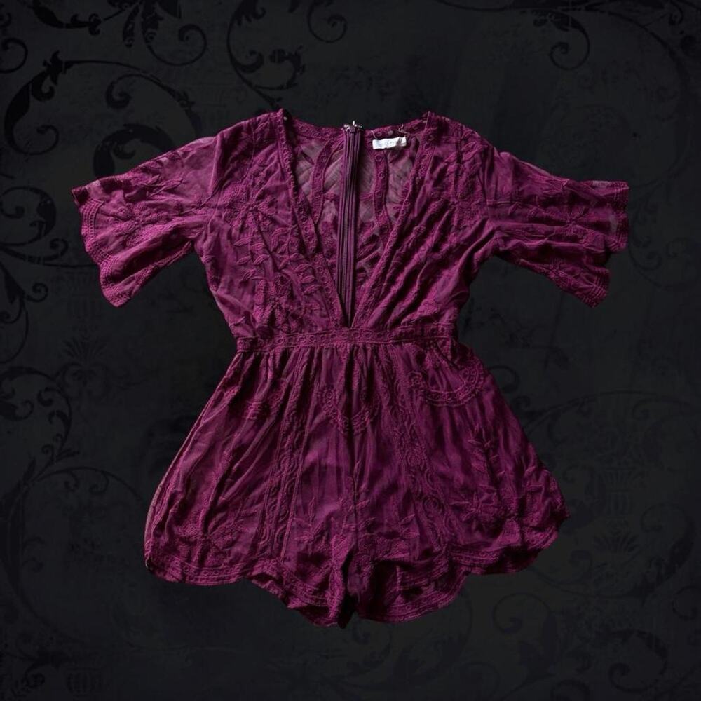 deep v neck burgundy maroon floral lace overlay whimsical fairy boho romper